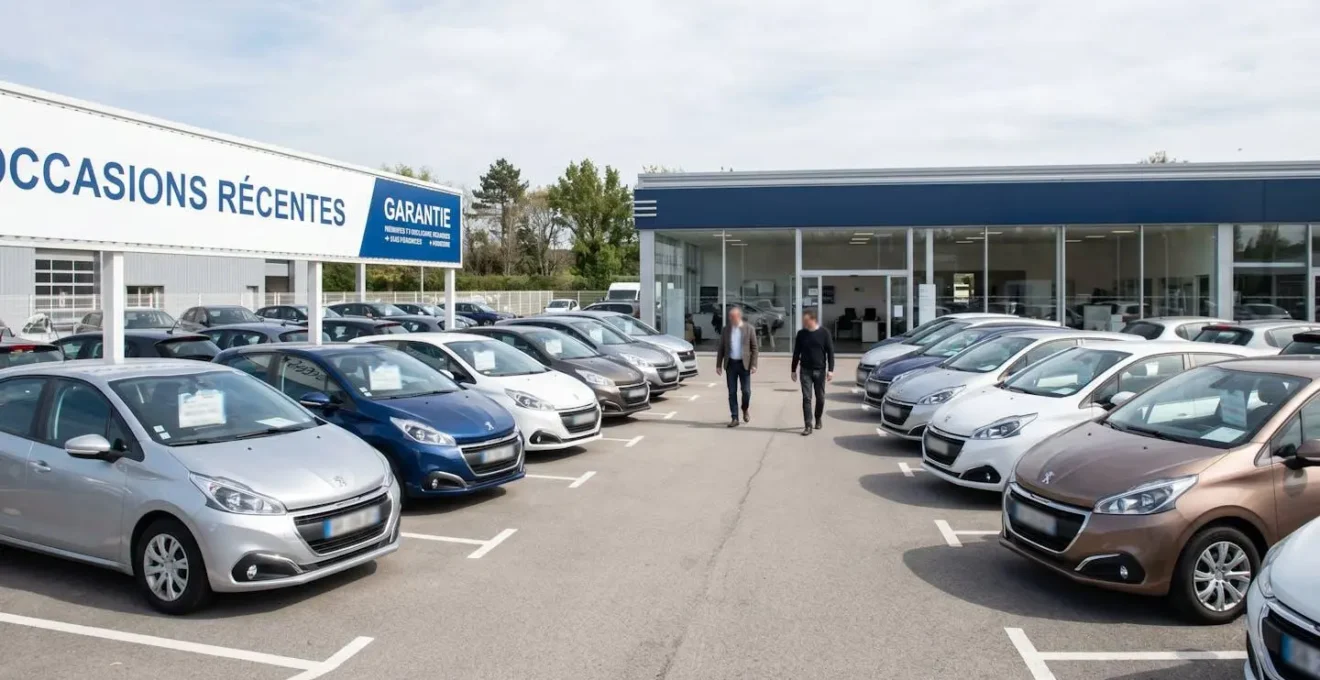 Parking de concessionnaire automobile en France avec plusieurs Peugeot 208 d