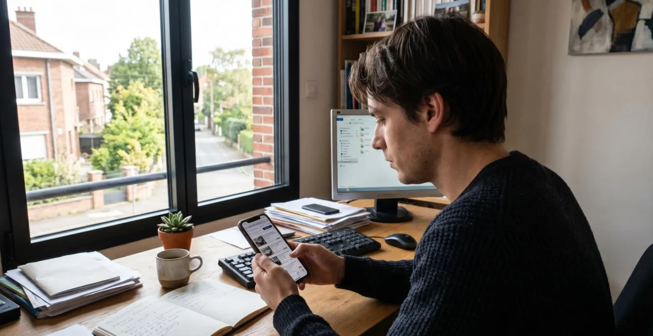 Personne de profil consultant des annonces automobiles sur un smartphone dans un bureau à domicile contemporain, lumière naturelle de fenêtre